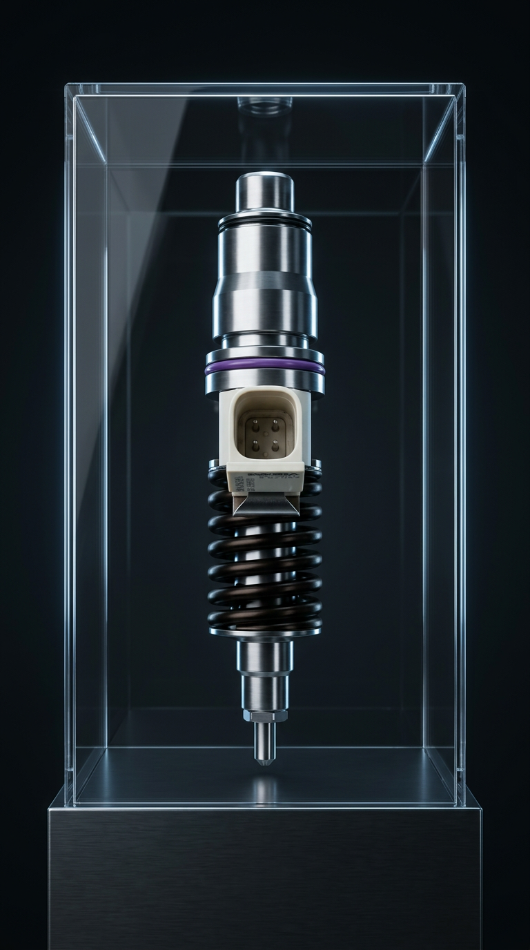Volvo D16 injector with single front connector inside a glass showcase
